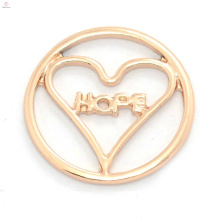 Novo design de liga de ouro rosa rodada flutuante encantos janela medalhão chapas HOPE